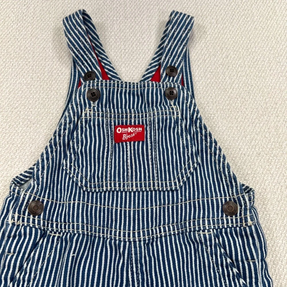 OshKosh B'gosh Overalls Kids 12M Blue Hickory Stripe Cuffed Jersey Lined Bibs